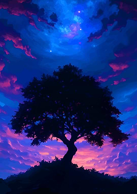 Silhouette Tree Under Colorful Night Sky