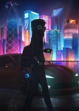 Cyberpunk Cityscape with Figure and Car