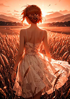 Woman in Wheat Field at Sunset