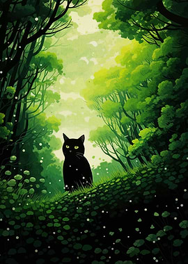 Black cat in a green forest