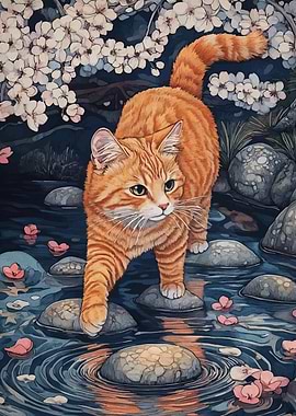 Ginger Cat in a Floral Stream