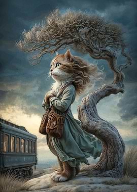 Anthropomorphic Cat Traveler by Train