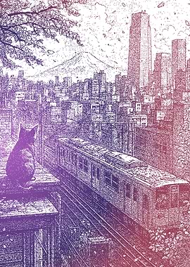 Cat in Tokyo with Mount Fuji