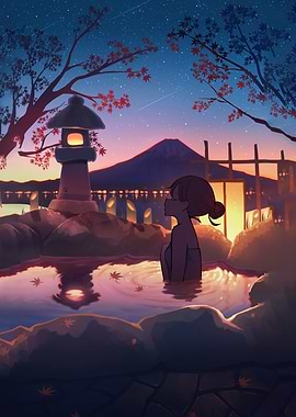 Japanese Onsen at Sunset