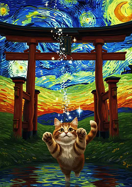 Cat Van Gogh Style Landscape