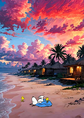 Snoopy and Woodstock on Tropical Beach