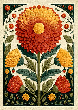 Marigold Folk Art Risograph Botanical — Golden Botanical Poster for Spa & Bedroom