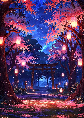 Nighttime Cherry Blossom Path with Torii