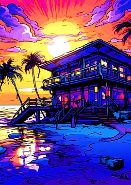 Tropical Beach House at Sunset