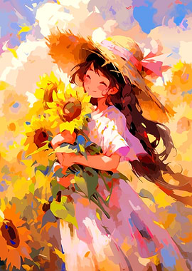 Girl with Sunflowers in a Field