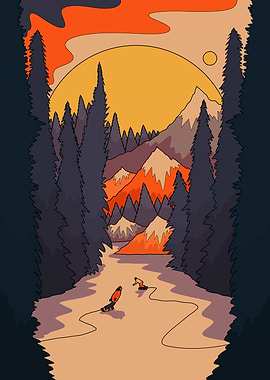 Skiers in Mountain Landscape Illustration