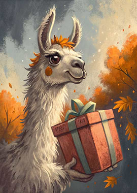 Llama with Gift in Autumn Setting