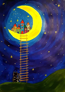 Whimsical Moon Village Painting