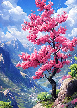 Cherry Blossom Tree in Mountain Landscape