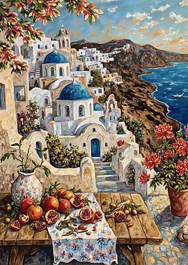 Santorini Painting with Pomegranates