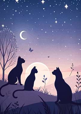 Three Cats Under Moonlight