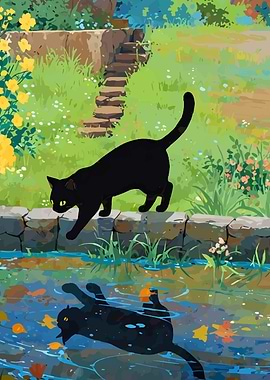 Black Cat Reflection in Water