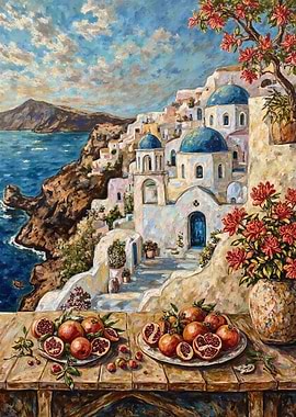 Santorini Painting with Pomegranates