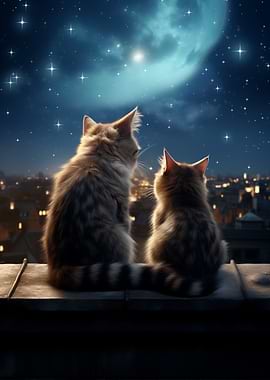 Two Cats Gazing Night Sky