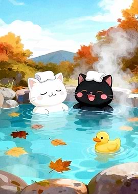 Cats in Hot Spring with Duck