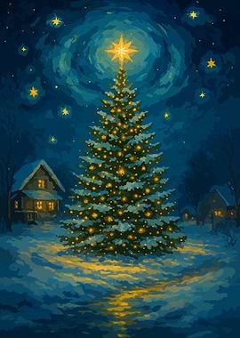 Christmas Tree in Winter Night Painting