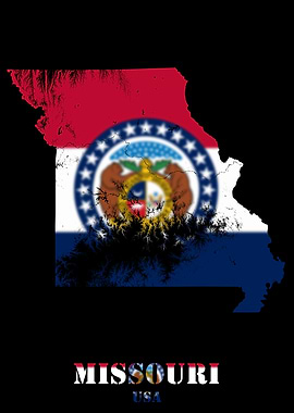 Missouri USA State Topographic Contour Relief Map blending terrain features into its emblematic colorful flag