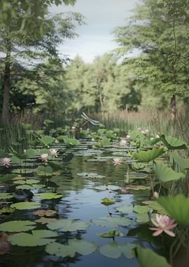 Lily Pond with Dragonflies