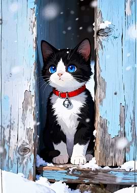 Cute Cat in Winter Scene