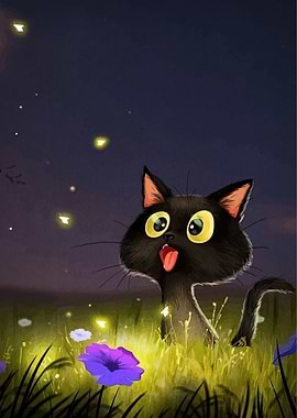 Cartoon Black Cat in Flower Field