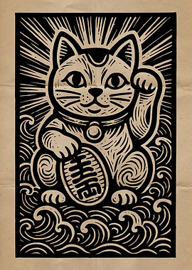 Maneki Neko Woodcut Print