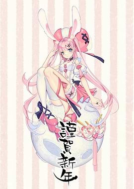 Anime Girl with Bunny Ears on Moon