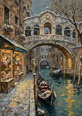 Venice Canal Painting with Gondolas