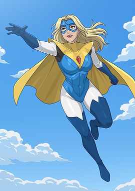 Flying Superheroine in Blue Sky
