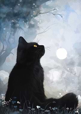 Black Cat Gazing at the Moon