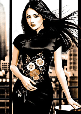 Woman in Cheongsam with Floral Design