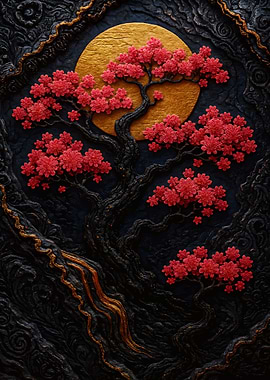 Cherry Blossom Tree with Golden Moon
