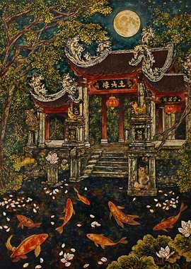 Asian Temple with Koi Pond Painting