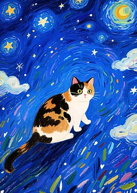 Calico Cat in Starry Night Style