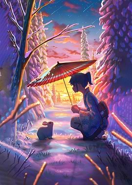 Winter Encounter: Girl and Rabbit