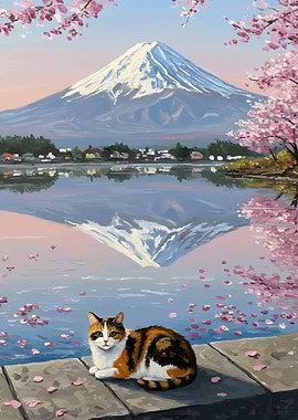 Cat with Mount Fuji and Cherry Blossoms