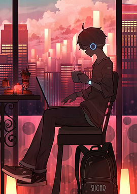 Anime Boy with Coffee in Cityscape