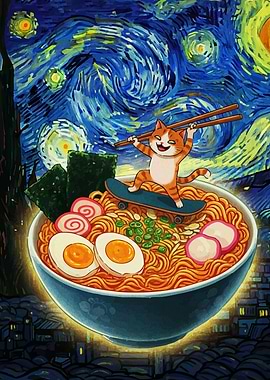 Cat Skateboarder Ramen Bowl Starry Night