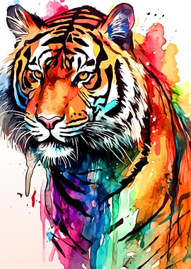 Colorful Watercolor Tiger Portrait