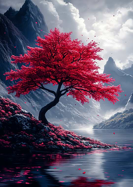 Red Tree by the Lake