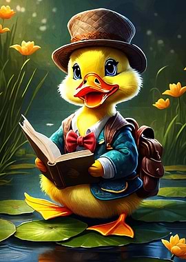 Duckling Reading Book in Nature