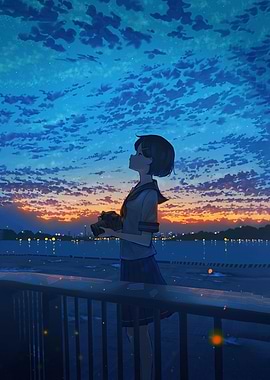 Anime Girl with Camera at Sunset