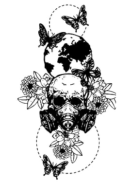 Skull, Earth, Gas Mask, and Butterflies