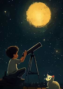 Boy and Cat Stargazing