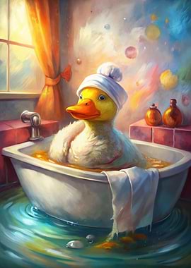 Duck in Bathtub with Towel Hat