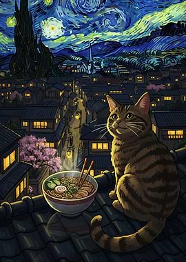 Cat Ramen Starry Night